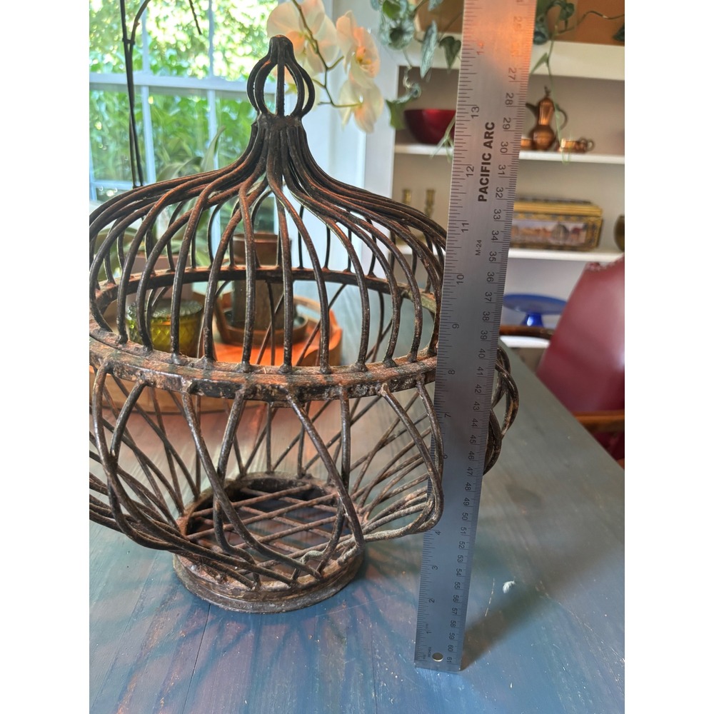 Vintage Rustic Wrought Iron Bird Cage Dark Brown ~  2 pieces - Picture 9 of 11
